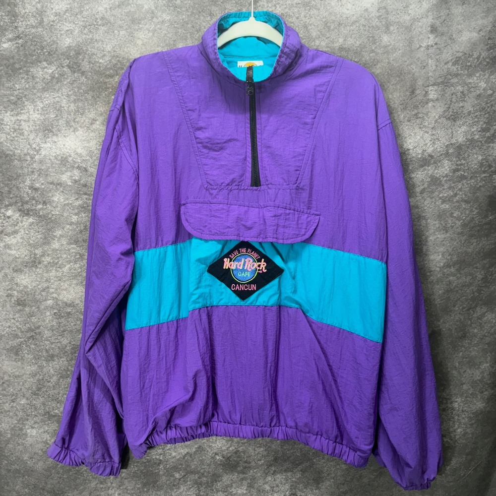 Vintage Hard Rock Cafe Cancun Purple Teal Colorblock Anorak Windbreaker Size L